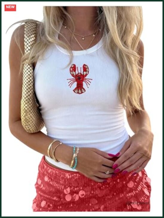 Tops - Women's Ribbed Knit Beaded Sleeveless Tank Top Y2K Summer
